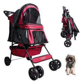Goopaws 4-Wheel Promenade Pet Stroller For Dogs Cats, Safe Brake Wheels Foldable Jogging Stroller With Cup Holder, Storage Basket, Pad, Seat Belt