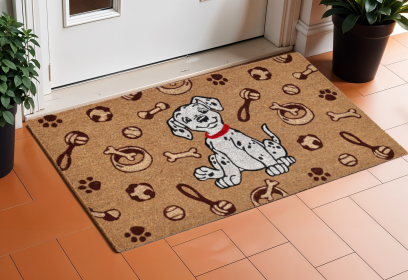 18" X 30" Beige And White Coir Dog Outdoor Door Mat