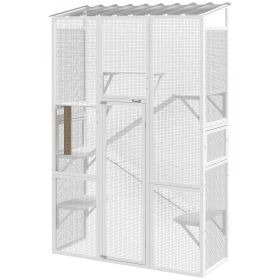 Outdoor Catio Cat Enclosure, Large Wooden Cat House with 6 Jumping Platforms, Scratching Post, 2 Ramps, for 2-3 Kittens