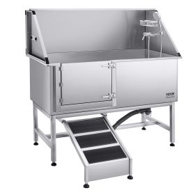 Stainless Steel Dog Washing Station, 62 inch Pet Grooming Tub w/ Ramp, PE Water Filter Board